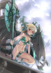 Rule 34 | 1girl, axe, bare legs, bare shoulders, battle axe, belfry gargoyle, blonde hair, choker, dark souls (series), dark souls i, day, from below, from software, grin, holding, holding weapon, katahira masashi, looking at viewer, midriff, navel, personification, red eyes, sky, smile, solo, squatting, tail, teeth, weapon, wings