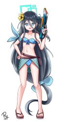 Rule 34 | 1girl, alternate costume, aqua halo, aris (blue archive), arm ribbon, bikini, black hair, blue archive, blue bikini, blue bow, blue eyes, blue halo, blue ribbon, bow, collarbone, commentary, english commentary, flower, front-tie bikini top, front-tie top, full body, gluteal fold, hair bow, hair flower, hair ornament, halo, hand on own hip, hand up, highres, holding, holding water gun, long hair, looking at viewer, navel, one side up, open mouth, rectangular halo, ribbon, rylaera, sandals, simple background, standing, strapless, strapless bikini, swimsuit, toenails, toes, very long hair, water gun, white background, yellow flower