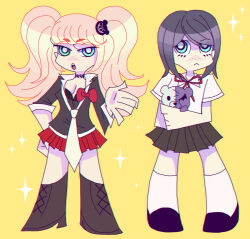 Rule 34 | 2girls, bear hair ornament, black footwear, black hair, black shirt, blonde hair, blue eyes, bow, breasts, brown footwear, brown skirt, calf boots, calf socks, choker, cleavage, closed mouth, danganronpa: trigger happy havoc, danganronpa (series), enoshima junko, female focus, freckles, frown, full body, hair ornament, hand out, highres, holding, holding stuffed toy, ikusaba mukuro, long hair, looking at viewer, medium breasts, monokuma, multiple girls, open mouth, panty &amp; stocking with garterbelt, parody, pleated skirt, red bow, red skirt, shirt, short sleeves, siblings, sisters, skirt, standing, stuffed toy, style parody, teeth, tongue, twins, twintails, upper teeth only, white footwear, white shirt, yellow background