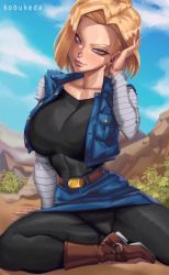 Rule 34 | 1girl, absurdres, android 18, belt, belt buckle, black pantyhose, blonde hair, blue eyes, boots, breasts, brown footwear, buckle, commentary, covered navel, cowboy boots, day, denim, denim jacket, denim skirt, denim vest, dragon ball, dragonball z, earrings, english commentary, forehead, hair flip, highres, jacket, jewelry, kobukeda, large breasts, lips, looking at viewer, makeup, mascara, pantyhose, sitting, skirt, solo, striped sleeves, upskirt