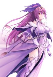 Rule 34 | bkko, blush, boots, dress, fate/grand order, fate (series), fur-trimmed dress, fur trim, hair between eyes, headpiece, highres, holding, holding wand, light blush, light smile, purple dress, purple hair, purple ribbon, red eyes, ribbon, scathach (fate), scathach skadi (fate), scathach skadi (third ascension) (fate), simple background, thigh boots, thighhighs, tiara, wand, white background