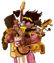 Rule 34 | alcohol, barbell, beer, book, clock, exercise bike, fingerless gloves, gloves, guitar, holding, instrument, jacket, jojo no kimyou na bouken, loincloth, midydoof, no humans, pelvic curtain, shoes, solo, stand (jojo), star platinum, swivel chair, toy car