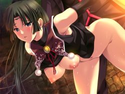 Rule 34 | 1girl, arm grab, bent over, blue eyes, blush, breasts, clothed sex, clothes lift, demonion ii: maou to sannin no joou, elbow gloves, game cg, gloves, green hair, hanging breasts, large breasts, legs, long hair, looking at viewer, m&amp;m, nipples, no bra, no panties, open clothes, ponytail, sex, shirt lift, sweat, thighs, vaginal