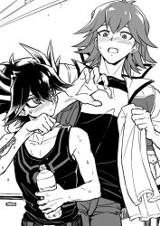 Rule 34 | 2boys, absurdres, arm tattoo, black hair, black tank top, blush, bottle, bruno (yu-gi-oh!), drink, facial tattoo, fudo yusei, greyscale, hand up, high collar, highres, holding, holding drink, holding towel, indoors, jacket, leaning, leaning back, leaning forward, looking at another, looking to the side, male focus, monochrome, multiple boys, open mouth, pants, screentones, short hair, spiked hair, surprised, sweat, sweatdrop, tank top, tattoo, towel, very sweaty, water bottle, wiping face, yaoi, youko-shima, yu-gi-oh!, yu-gi-oh! 5d&#039;s