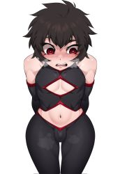 Rule 34 | 1boy, arms behind back, black hair, blush, brown hair, bulge, detached sleeves, highres, in (ain), looking away, looking down, male focus, open mouth, original, pants, pantyhose, red eyes, small penis, solo, tight clothes, tight pants, trap
