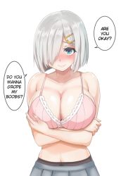 Rule 34 | 10s, 1girl, black pantyhose, blue eyes, breast hold, breasts, cleavage, closed mouth, collarbone, daijoubu? oppai momu?, hair ornament, hair over one eye, hairclip, hamakaze (kancolle), hand on breast, hand on own arm, hard-translated, hazamanokaien, holding own arm, kantai collection, large breasts, looking at viewer, nail polish, no shirt, one eye covered, pantyhose, pink nails, pleated skirt, ribbon-trimmed bra, shade, short hair, silver hair, simple background, skirt, smile, solo, speech bubble, third-party edit, translated, upper body, white background
