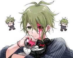Rule 34 | 1boy, :d, amami rantaro, antenna hair, ball, blood, blood on face, bracelet, chibi, danganronpa (series), danganronpa v3: killing harmony, earrings, gorila chan, green eyes, green hair, grey background, holding, holding ball, jewelry, male focus, messy hair, monokuma, multiple views, necklace, open mouth, pink blood, portrait, shirt, simple background, smile, striped clothes, striped shirt