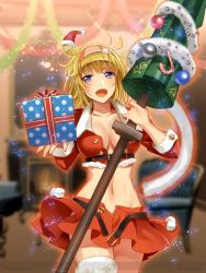 Rule 34 | 00s, 1girl, ahoge, belt, blonde hair, blue eyes, box, breasts, candy, candy cane, chair, christmas, christmas ornaments, cleavage, cosette coalhearth, crop top, fireplace, food, gift, gift box, hairband, hat, lance, large breasts, looking at viewer, midriff, murakami yuichi, navel, open belt, open mouth, polearm, pom pom (clothes), santa costume, santa hat, senjou no valkyria, senjou no valkyria (series), senjou no valkyria 2, shiny skin, short hair, skirt, smile, unbuttoned, weapon