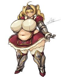 Rule 34 | 1girl, 4545akichan, ahoge, armor, blonde hair, blush, breasts, clothing cutout, drill hair, fat, full body, gauntlets, green eyes, high heels, highres, huge breasts, long hair, looking at viewer, midriff, navel cutout, original, plump, skirt, smile, solo, standing, thick thighs, thighs, tiara, twin drills, twintails, wide hips