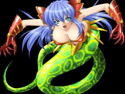Rule 34 | 1girl, armor, blue hair, breasts, cleavage, fangs, female focus, green eyes, ikazuchi no senshi raidy, lamia, large breasts, long hair, monster girl, simple background, solo, tagme, warrior