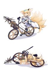 Rule 34 | 1girl, @ @, absurdres, amiya (arknights), animal ear fluff, animal ears, aqua hairband, arknights, bicycle, commentary request, dress, earpiece, fang, fox ears, fox girl, fox tail, frilled dress, frills, gloves, green eyes, hair rings, hairband, highres, infection monitor (arknights), kitsune, kyuubi, material growth, multiple tails, oripathy lesion (arknights), shio (shiofeifei), single glove, single wrist cuff, skin fang, staff, suzuran (arknights), tail, white legwear, wrist cuffs
