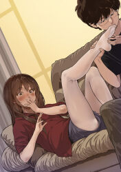 Rule 34 | 1boy, 1girl, bare arms, black hair, blue shorts, brown eyes, brown hair, commentary request, couch, covering own mouth, feet, foot worship, glasses, hand over own mouth, highres, holding another&#039;s foot, leg up, legs, long hair, looking at viewer, no shoes, original, pantyhose, partial commentary, restrained, short hair, short shorts, shorts, soles, toes, white pantyhose, yewang19