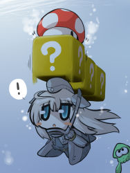 Rule 34 | !, 10s, 1girl, ? block, blue eyes, blush stickers, chibi, commentary request, gameplay mechanics, goma (gomasamune), gradient background, inkling, inkling player character, kantai collection, long hair, mario (series), nintendo, open mouth, sketch, splatoon (series), splatoon 1, spoken exclamation mark, squid, super mushroom, swimming, u-511 (kancolle), underwater