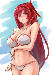 Rule 34 | 1girl, alternate costume, arm under breasts, bare shoulders, bikini, blue eyes, blush, breasts, cleavage, closed mouth, collarbone, godsworn alexiel, granblue fantasy, hair between eyes, hair ornament, halterneck, large breasts, long hair, looking at viewer, moppo, navel, red hair, solo, stomach, swimsuit, thighs, underboob, very long hair