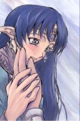 Rule 34 | 1girl, artist request, blue hair, blush, circlet, crying, diadem, earrings, hand on another&#039;s cheek, hand on another&#039;s face, jewelry, lafiel, long hair, pointy ears, seikai no senki, silver hair, solo focus, source request, spoilers, upper body
