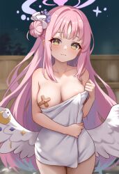 Rule 34 | 1girl, absurdres, bare shoulders, blue archive, fanteam, highres, long hair, looking at viewer, mika (blue archive), no bra, outdoors, pink hair, solo, wings, yellow eyes