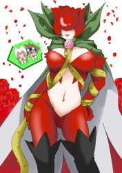 Rule 34 | 1boy, 2girls, absurdres, between breasts, breasts, covered eyes, digimon, flower, highres, large breasts, lipstick, makeup, multiple girls, navel, rose, rosemon, tachikawa mimi, thorns, yagami taichi