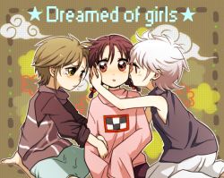 Rule 34 | .flow, 3girls, aged down, bad id, bad pixiv id, boriroba, braid, brown hair, crossover, english text, hand on another&#039;s cheek, hand on another&#039;s face, madotsuki, multiple crossover, multiple girls, pink shirt, sabitsuki, shirt, short hair, tears, twin braids, twintails, urotsuki, white hair, yume 2kki, yume nikki