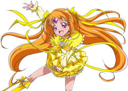 Rule 34 | 10s, 1girl, arm up, blush, boots, bow, bubble skirt, choker, circlet, cure muse, cure muse (yellow), dress, earrings, frills, happy, heart, jewelry, knee boots, long hair, magical girl, orange hair, pink eyes, precure, shirabe ako, sinko (sinsin), skirt, solo, suite precure, white background, yellow bow, yellow dress, yellow skirt