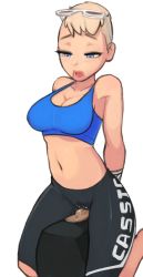 Rule 34 | 1girl, 34no404, bike shorts, blonde hair, blue eyes, breasts, cassie cage, cleavage, clothed masturbation, eyebrows, eyeshadow, eyewear on head, female focus, female masturbation, large breasts, lips, makeup, masturbation, midriff, mortal kombat (series), mortal kombat x, navel, open mouth, pussy juice, sex toy, simple background, solo, sports bra, straddling, sunglasses, sybian, vibrator