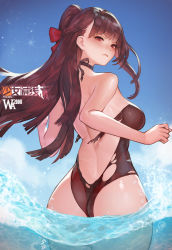 Rule 34 | 1girl, ass, backless swimsuit, bare back, bikini, black one-piece swimsuit, bow, breasts, brown eyes, brown hair, bullpup, girls&#039; frontline, gun, hair bow, highres, instant ip, large breasts, lips, long hair, looking at viewer, looking back, official alternate costume, one-piece swimsuit, parted lips, rifle, sniper rifle, solo, swimsuit, torn bikini, torn clothes, torn swimsuit, wa2000 (girls&#039; frontline), wa2000 (op. manta ray) (girls&#039; frontline), walther, walther wa 2000, water, weapon