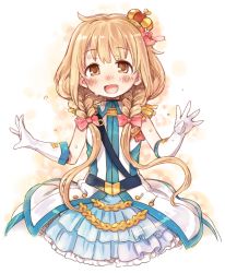Rule 34 | 10s, 1girl, 7010, :d, belt, blonde hair, blue skirt, blunt bangs, blush, bow, braid, brown eyes, crown, dress, elbow gloves, epaulettes, eyebrows, futaba anzu, gloves, hair bow, hair over shoulder, idolmaster, idolmaster cinderella girls, layered skirt, long hair, looking at viewer, low twintails, mini crown, nose blush, open mouth, red bow, skirt, sleeveless, smile, solo, sweat, tareme, twin braids, twintails, upper body, white gloves, wing collar