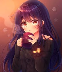 Rule 34 | 1girl, black sweater, blue hair, brown background, brown eyes, copyright name, cup, floating hair, gradient background, holding, holding cup, jewelry, klasse14, long hair, off-shoulder, off-shoulder sweater, off shoulder, open mouth, ring, serino itsuki, snowflakes, solo, steam, sweater, teacup, upper body, very long hair, watch, wristwatch