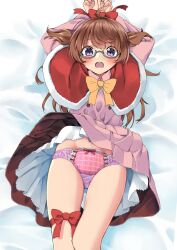 Rule 34 | 1girl, absurdres, amemiya sekira, arms up, bed sheet, blush, bound, bound wrists, bow, bow panties, brown bow, brown hair, capelet, clothes lift, commentary request, dress, dress lift, fur-trimmed capelet, fur trim, glasses, green-framed eyewear, hair between eyes, highres, long hair, long sleeves, open mouth, original, panties, pink dress, pink panties, puffy long sleeves, puffy sleeves, purple eyes, red bow, red capelet, sekira ame, semi-rimless eyewear, solo, thigh gap, two side up, under-rim eyewear, underwear, very long hair