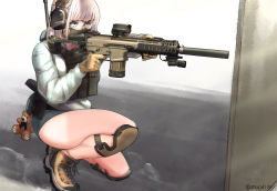 Rule 34 | 1girl, absurdres, aiming, airsoft, assault rifle, fn scar, gloves, goggles, gun, headset, highres, holding, holding gun, holding weapon, hood, hoodie, knee pads, mask, on one knee, original, pink hair, rifle, short shorts, shorts, solo, stuffed animal, stuffed toy, suppressor, teddy bear, utsucan, weapon