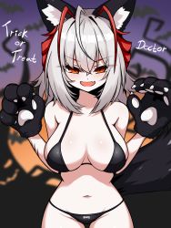 Rule 34 | 1girl, :d, absurdres, animal ear fluff, animal ears, animal hands, antenna hair, arknights, bare shoulders, bikini, black bikini, blurry, blurry background, blush, breasts, claws, cleavage, clothes writing, cowboy shot, depth of field, english text, fang, gloves, grey hair, halloween, highres, kemonomimi mode, kimofest, large breasts, long hair, looking back, multicolored hair, navel, open mouth, paw gloves, red hair, skin fang, smile, solo, stomach, swimsuit, tail, two-tone hair, v arms, w (arknights)