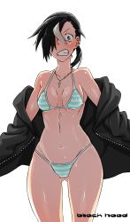 Rule 34 | 1girl, bikini, black hair, black hood, blue eyes, breasts, cameltoe, character name, cleavage, clenched teeth, ear piercing, gluteal fold, hair over one eye, highres, kamezaemon, looking at viewer, navel, original, piercing, small breasts, solo, striped bikini, striped clothes, swimsuit, teeth, white hair