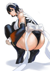 Rule 34 | 1girl, ass, ass focus, back, black hair, black leotard, black thighhighs, breasts, cicada (nnakqr5n6q9p2ht), detached sleeves, fetal position, from behind, full body, highres, huge ass, huge breasts, iroha (samurai spirits), large breasts, leotard, leotard under clothes, lips, looking at viewer, looking back, maid, maid headdress, samurai spirits, shiny clothes, shiny skin, short hair, sideboob, simple background, skindentation, smile, snk, solo, thighhighs, thighs, thong leotard, wedgie, white background, wide hips