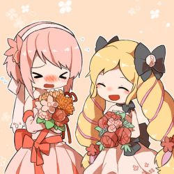 Rule 34 | &gt; &lt;, 2girls, black bow, blonde hair, blush, bouquet, bow, dress, elise (fire emblem), closed eyes, fire emblem, fire emblem fates, flower, hair bow, hairband, holding, holding bouquet, long hair, multicolored hair, multiple girls, nintendo, open mouth, pink hair, purple hair, sakura (fire emblem), short hair, shunrai, simple background, strapless, strapless dress, twintails, wedding dress