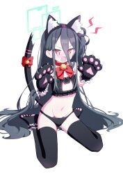Rule 34 | &lt;key&gt; (blue archive), 1girl, 525 woiwo, absurdly long hair, absurdres, animal ears, animal hands, black bra, black gloves, black hair, black panties, black thighhighs, blue archive, bra, cat cutout, cat ears, cat paws, cat tail, clothing cutout, fake animal ears, flat chest, gloves, green halo, halo, highres, long hair, navel, open mouth, panties, paw gloves, red eyes, simple background, solo, tail, thighhighs, underwear, very long hair, white background