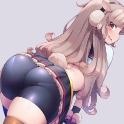 Rule 34 | .live, 1girl, animal ears, ass, back, bike shorts, blush, brown hair, cowboy shot, curly hair, dutch angle, headphones, long hair, looking at viewer, looking back, midriff, miniskirt, mochi (mochi444420), mokota mememe, open mouth, pantylines, pom pom (clothes), red eyes, skin tight, skirt, solo, sweatdrop, tail, virtual youtuber, wavy mouth