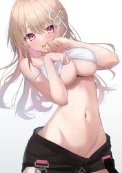 Rule 34 | 1girl, ayaginu temari, bare arms, bare shoulders, black shorts, blush, breasts, brown hair, camisole, cleavage, clothes lift, colored inner hair, cowboy shot, crop top, embarrassed, flower knot, hair ribbon, hands up, highres, isekai tensei shite v ni narimashita, large breasts, lifting own clothes, long hair, looking at viewer, midriff, mirea, mole, mole under eye, multicolored hair, navel, no bra, open mouth, red eyes, ribbed shirt, ribbon, second-party source, shirt, shirt lift, short shorts, shorts, simple background, sleeveless, sleeveless shirt, solo, spaghetti strap, standing, stomach, strap slip, underboob, virtual youtuber, white background, white shirt