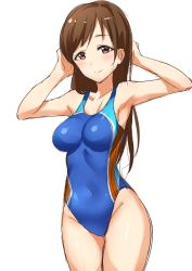 Rule 34 | 1girl, absurdres, armpits, arms up, bad id, bad twitter id, bare shoulders, blue one-piece swimsuit, blush, breasts, brown eyes, brown hair, collarbone, covered navel, highleg, highleg swimsuit, highres, hip focus, idolmaster, idolmaster cinderella girls, long hair, medium breasts, nitta minami, one-piece swimsuit, simple background, sketch, smile, solo, swept bangs, swimsuit, takeashiro, thighs, white background