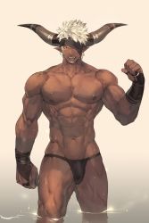 Rule 34 | abs, bara, bare pectorals, beard, biceps, black male swimwear, black swim briefs, broad shoulders, bulge, dark skin, eyepatch, facial hair, fang, gloves, highres, horns, large pectorals, looking at viewer, male focus, male swimwear, manly, mature male, muscular, muscular male, navel, nikism, nipples, ocean, orange eyes, original, partially submerged, pectorals, pointy ears, smile, solo, swim briefs, swimsuit, thick arms, thick thighs, thighs, veins, wading, white hair