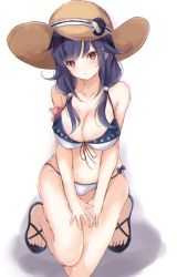 Rule 34 | 1girl, ahoge, bad id, bad twitter id, bikini, breasts, cleavage, front-tie top, hair flaps, hair ornament, hat, highres, kantai collection, large breasts, long hair, looking at viewer, low twintails, purple hair, red eyes, sa-ya2, sandals, simple background, solo, squatting, sun hat, swimsuit, taigei (kancolle), twintails, whale hair ornament, white background, white bikini
