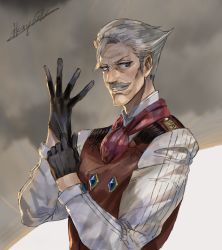 Rule 34 | 1boy, adjusting clothes, adjusting gloves, artist name, black gloves, blue eyes, facial hair, fate/grand order, fate (series), gloves, grey background, grey hair, grin, highres, ikuyoan, james moriarty (archer) (fate), long sleeves, looking at viewer, male focus, mustache, red neckwear, red vest, simple background, smile, solo, upper body, vest