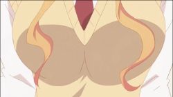 Rule 34 | 1girl, animated, animated gif, blonde hair, bouncing breasts, breasts, flower, glasses, green eyes, large breasts, necktie, one eye closed, orange hair, sakura trick, solo, sonoda mitsuki, subtitled, sweater, sweater vest