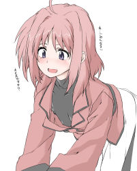 Rule 34 | 00s, 1girl, arm support, bent over, black shirt, blue eyes, blush, caro ru lushe, downblouse, elf (stroll in the woods), jacket, long sleeves, looking at viewer, lyrical nanoha, mahou shoujo lyrical nanoha strikers, pink hair, pink jacket, shirt, short hair, simple background, solo, standing, translated, white background