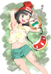 Rule 34 | 1girl, armpits, bag, beanie, black hair, blue eyes, bob cut, commentary, commentary request, commission, creatures (company), dappled sunlight, floral print, from above, game freak, gen 7 pokemon, grass, green shorts, handbag, happy, hat, kohsaka jun, lying, midriff, navel, nintendo, nose bubble, on back, open mouth, pixiv commission, pokemon, pokemon (creature), pokemon sm, rowlet, selene (pokemon), shirt, short hair, shorts, sleeping, sunlight, teeth, tied shirt, upper teeth only, zzz