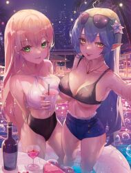 Rule 34 | 2girls, absurdres, ahoge, arms behind back, bare shoulders, blonde hair, blue hair, blush, bottle, breasts, cherry, cleavage, cup, eyewear on head, fang, flower, food, fruit, green eyes, hair flower, hair ornament, heart, heart ahoge, highres, holding, holding cup, hololive, innertube, jewelry, large breasts, long hair, looking at viewer, momosuzu nene, mouth hold, multiple girls, necklace, outdoors, parted lips, pointy ears, skin fang, smile, sunglasses, swim ring, thighs, turbulence, virtual youtuber, water, wet, yellow eyes, yukihana lamy