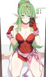 Rule 34 | 1girl, absurdres, bare shoulders, barefoot, blush, bow, breasts, cellphone, choker, cleavage, closed mouth, collarbone, commentary, crossed bangs, dress, entogman, fire emblem, fire emblem awakening, gloves, green eyes, green hair, hair between eyes, high ponytail, highres, holding, holding phone, large breasts, meme, nintendo, phone, pink bow, pink sash, pointy ears, red choker, red dress, red gloves, sash, short dress, simple background, sitting, smile, solo, strapless, strapless dress, tiki (adult) (fire emblem), tiki (fire emblem), twitter strip game (meme), wariza, white background