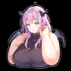 Rule 34 | 1girl, acrylic stand, agano mai, alpha transparency, aqua eyes, artist request, breasts, commentary request, dot nose, fat, hair between eyes, horns, huge breasts, indie virtual youtuber, lips, long hair, looking at viewer, mini wings, open hand, parted lips, purple hair, red nails, ribbed sweater, sleeveless, solo, sweater, thick arms, transparent background, turtleneck, turtleneck sweater, upper body, virtual youtuber, wings
