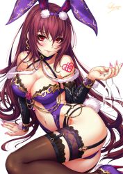 Rule 34 | 1girl, animal ears, arm support, ass, bare shoulders, bed, black thighhighs, blurry, blush, bokeh, breasts, bridal garter, cleavage, closed mouth, commentary request, cup, depth of field, earrings, fake animal ears, fate/grand order, fate (series), garter straps, gem, glitter, gold, hair between eyes, high heels, highres, holding, holding cup, jewelry, large breasts, leotard, long hair, looking at viewer, nail polish, navel, o-ring, official alternate costume, pink lips, pink nails, playboy bunny, purple gemstone, purple hair, rabbit ears, rabbit tail, reclining, red eyes, revealing clothes, sakiyamama, scathach (fate), scathach (piercing bunny) (fate), sidelocks, signature, simple background, skindentation, smile, solo, stomach, tail, tattoo, thighhighs, tsurime, very long hair, white background