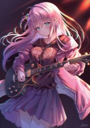 Rule 34 | 1girl, absurdres, artist name, black shirt, blue eyes, blush, bocchi the rock!, breasts, closed mouth, commentary request, cowboy shot, cube hair ornament, electric guitar, gibson les paul, gotoh hitori, grey skirt, guitar, hair between eyes, hair ornament, highres, holding, holding instrument, instrument, jacket, large breasts, long hair, long sleeves, music, off shoulder, one side up, pink hair, pink jacket, playing instrument, pleated skirt, shirt, sidelocks, skirt, solo, sweatdrop, track jacket, zane (fnyx7843)