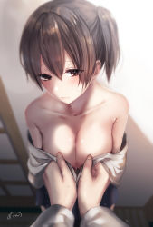 Rule 34 | 1boy, 1girl, admiral (kancolle), assisted exposure, bare shoulders, blue skirt, blurry, blush, breast poke, breasts, brown eyes, brown hair, cleavage, closed mouth, collarbone, depth of field, foreshortening, hair between eyes, hetero, highres, indoors, japanese clothes, kaga (kancolle), kantai collection, kimono, large breasts, long sleeves, looking at viewer, motion lines, off shoulder, open clothes, open kimono, poking, sakiryo kanna, short hair, side ponytail, signature, skirt, solo focus, stamp, standing, sweat, trembling, upper body, white kimono