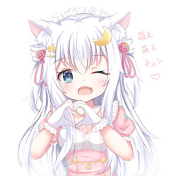 Rule 34 | 1girl, ;d, animal ear fluff, animal ears, blue eyes, blush, breasts, cat ears, collar, collarbone, commentary request, crescent, crescent hair ornament, detached collar, dress, fang, flower, gloves, hair between eyes, hair ornament, hairclip, heart, heart hands, long hair, one eye closed, open mouth, original, pink dress, puffy short sleeves, puffy sleeves, red flower, red rose, rose, satori (ymoy), short sleeves, simple background, skin fang, small breasts, smile, solo, star (symbol), star hair ornament, translation request, upper body, very long hair, white background, white collar, white gloves, white hair